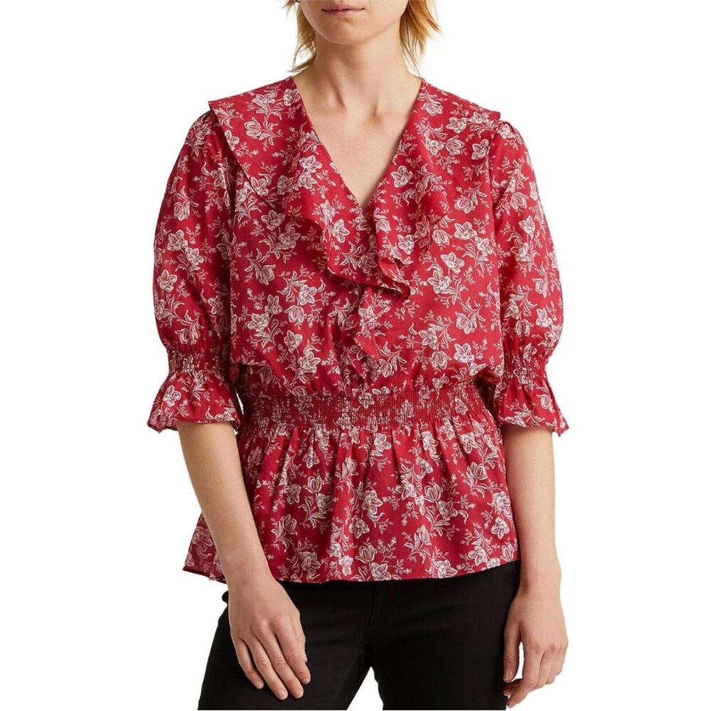 Lauren Ralph Lauren Red Floral Ruffle Blouse Sz XS Smocked Waist Peplum Romantic